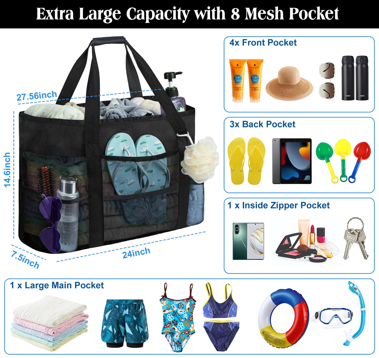 Oversized Mesh Beach Tote – Waterproof with Pockets
