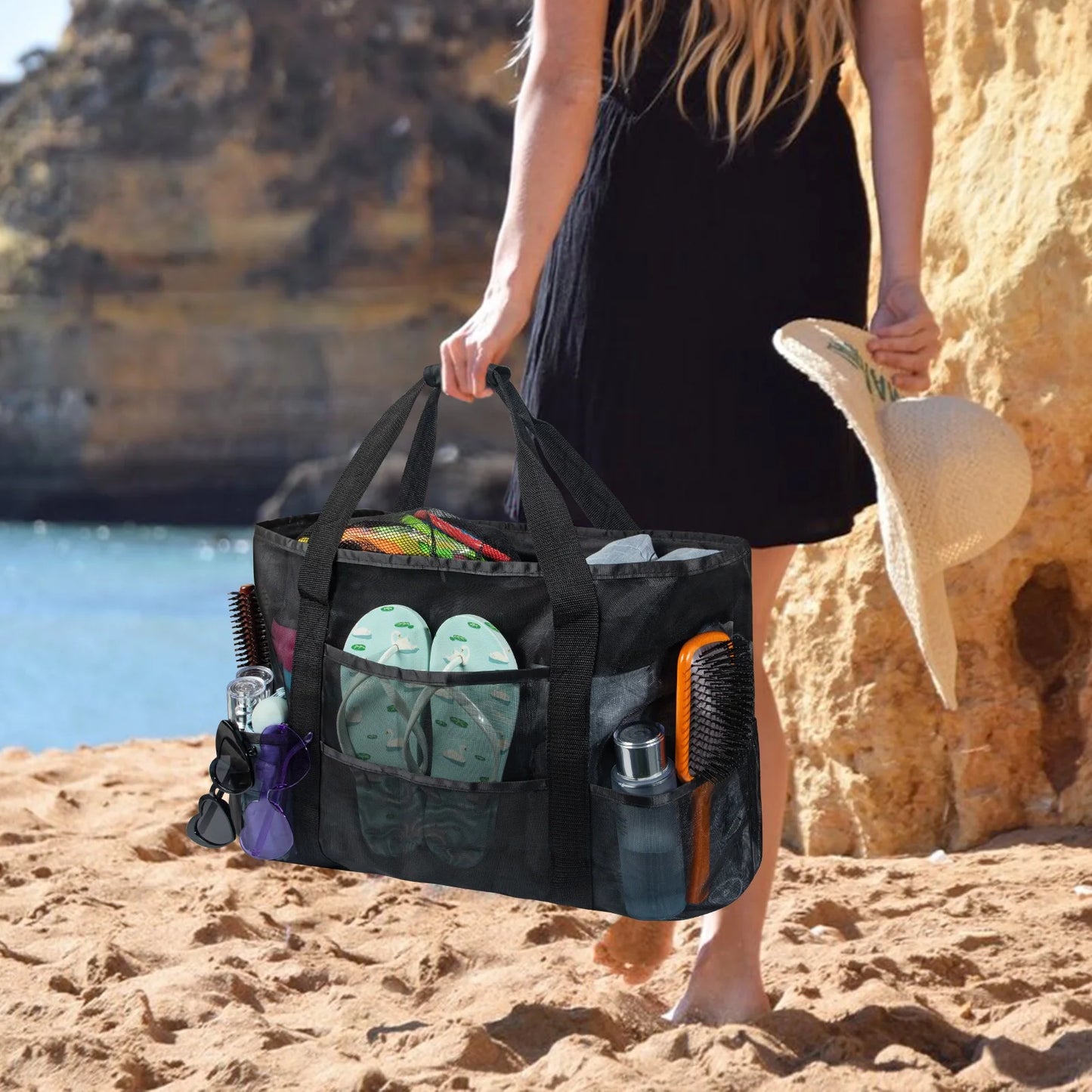 Oversized Mesh Beach Tote – Waterproof with Pockets